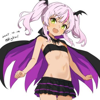 1girl absurdres bandeau bare_arms bigkwl black_bandeau black_cape black_skirt black_wings cape clenched_hand comandante_cappellini_(halloween)_(kancolle) comandante_cappellini_(kancolle) commentary_request cowboy_shot dark-skinned_female dark_skin dated fake_wings fangs flat_chest green_eyes groin halloween_costume head_wings highres kantai_collection long_hair looking_at_viewer midriff navel official_alternate_costume open_mouth pink_hair pink_nails purple_skirt sidelocks simple_background skirt smile solo twintails two-sided_cape two-sided_fabric two-tone_skirt white_background wings