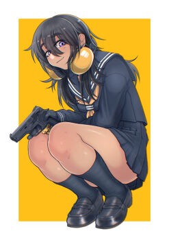 1girl absurdres black_gloves black_hair black_sailor_collar black_serafuku black_shirt black_shoes black_skirt black_socks border brown_neckerchief cb_(c-board) closed_mouth commentary_request ear_protection full_body gloves gun hair_between_eyes handgun highres holding holding_gun holding_weapon loafers long_hair looking_at_viewer neckerchief original pleated_skirt purple_eyes sailor_collar school_uniform serafuku shirt shoes skirt smile smith_&amp;_wesson smith_&amp;_wesson_model_3914 socks solo squatting thick_eyebrows weapon white_border yellow_background