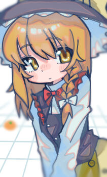 Rule 34 | 1girl, absurdres, azusa (cookie), black hat, black vest, blonde hair, blush, bow, bowtie, braid, closed mouth, commentary request, cookie (touhou), expressionless, food, fruit, hair bow, hat, highres, kirisame marisa, long hair, long sleeves, looking at viewer, mandarin orange, melanin shikiso, red bow, red bowtie, shirt, side braid, single braid, solo, touhou, upper body, vest, white bow, white shirt, witch hat