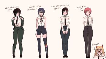 5girls @_@ arm_behind_back belt_around_waist black_choker black_hair black_necktie black_pants black_ribbon black_shirt black_shoes black_thighhighs blonde_hair breasts brown_eyes chainsaw_man choker closed_mouth english_text eyepatch fangs formal_clothes full_body green_eyes green_jacket green_pants hand_in_pocket hands_up heart higashiyama_kobeni high-waist_pants high_collar highres himeno_(chainsaw_man) horns jacket large_breasts long_hair makima_(chainsaw_man) medium_breasts meme multiple_girls necktie open_mouth orange_eyes ore_knot pants power_(chainsaw_man) purple_hair red_hair red_horns reze_(chainsaw_man) ribbon screaming shirt shoes short_hair simple_background standing teeth tented_shirt thighhighs tongue upper_body wants_to_be_dominated_(meme) white_shirt yellow_background yellow_eyes zettai_ryouiki