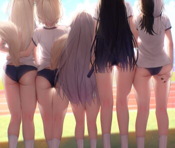 5girls absurdres alternate_costume arm_around_waist ass backlighting black_hair blonde_hair blue_buruma blue_hair buruma commentary day dog_girl dog_tail english_commentary facing_away feet_out_of_frame fingernails from_behind fuwawa_abyssgard grey_hair gym_shirt gym_uniform head_out_of_frame height_difference highres holding holoadvent hololive hololive_english kneepits koseki_bijou long_hair mococo_abyssgard mole mole_on_thigh multicolored_hair multiple_girls nail_polish nerissa_ravencroft outdoors prab relay_baton revision running_track shadow shiori_novella shirt short_hair short_sleeves siblings side-by-side sisters socks split-color_hair standing tail tail_raised thighs twins two-tone_hair very_long_hair virtual_youtuber white_shirt white_socks