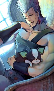 1boy animal animal_hands black_shirt boston_terrier bracer buttons chest_strap closed_eyes dog earrings flattop grey_hair grey_pants halu-ca hand_on_own_face highres holding holding_animal holding_dog iggy_(jojo) jean_pierre_polnareff jewelry jojo_no_kimyou_na_bouken muscular muscular_male no_eyebrows open_mouth pants pectorals saliva shirt sitting sleeping sleeveless sleeveless_shirt strapless tube_top upper_body wicker_furniture window