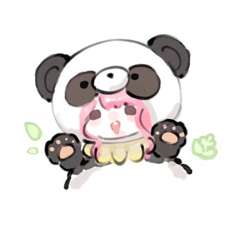 Rule 34 | animal costume, animal ears, bamboo, brown eyes, chinese commentary, commentary request, cosplay, fake animal ears, fengmi youzi hua, happy, highres, infinity nikki, kigurumi, leaf, neck ribbon, nikki (nikki), nikki (series), open mouth, panda costume, paw pose, pink hair, ribbon, short hair with long locks, sidelocks, simple background, smile, solid oval eyes, teeth, upper teeth only, white background