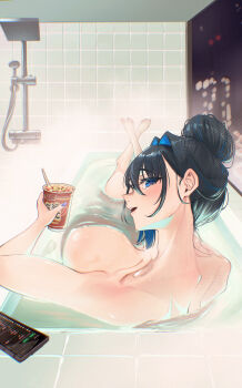 1girl absurdres barefoot bathing bathtub black_hair blue_eyes blue_hair breasts cellphone commentary completely_nude cup_ramen eipanguino english_commentary from_behind hair_bun hair_intakes highres hololive hololive_english indoors large_breasts looking_at_viewer looking_back multicolored_hair nude ouro_kronii partially_submerged phone smartphone solo steam two-tone_hair virtual_youtuber youtube