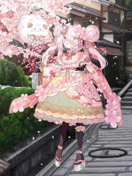 1girl ankle_cuffs architecture bib_collar black_gloves black_pantyhose bow bowtie branch building bush center_frills cherry_blossoms colored_eyelashes cone_horns creature dairoku_ryouhei double_bun dress dress_bow dress_flower east_asian_architecture falling_petals flower frilled_sleeves frilled_thigh_strap frills full_body gloves gold_trim green_dress green_sandals hair_bun hair_flower hair_ornament hair_over_one_eye hair_ribbon hairclip highres horns infinity_symbol japanese_clothes kimono kimono_skirt layered_dress leaf leaf_hair_ornament long_hair long_sleeves looking_up medium_dress multicolored_dress okobo open_hands outdoors pantyhose parted_lips petal_on_head petals pink_bow pink_bowtie pink_dress pink_flower pink_hair pink_petals pink_ribbon platform_clogs platform_sandals purple_eyes ribbon sandals shichimi single_horn sleeve_bow sleeves_past_wrists solo stairs standing tabi tassel tassel_hair_ornament thigh_strap tree twintails waist_bow wide_sleeves yellow_bow yellow_dress