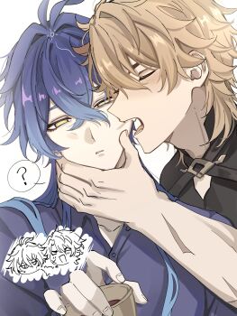 Rule 34 | 2boys, ?, absurdres, ahoge, blonde hair, blue hair, blush, chibi, chibi inset, chuilan81, closed eyes, closed mouth, commentary, crossed bangs, cup, flins (genshin impact), genshin impact, gradient hair, hand on another's chin, highres, holding, holding cup, looking at viewer, male focus, multicolored hair, multiple boys, open mouth, scar, scar on arm, symbol-only commentary, teeth, varka (genshin impact), yaoi, yellow eyes