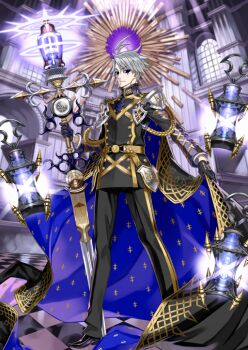 Rule 34 | 1boy, ahoge, aiguillette, belt, belt buckle, black cape, black eyes, black gloves, black jacket, black pants, black shoes, blue cape, buckle, buttons, cape, cape lift, closed mouth, compass (instrument), diffraction spikes, double-breasted, expressionless, fate/grand order, fate (series), floating, floating clothes, floating object, full body, game cg, gloves, gold belt, grey hair, hair between eyes, half gloves, hand up, high collar, holding, holding staff, honjou raita, jacket, james moriarty (ruler) (fate), james moriarty (ruler) (second ascension) (fate), lantern, layered sleeves, legs apart, lifting own clothes, lightning ahoge, long sleeves, looking at viewer, makeup, male focus, official art, outstretched arm, oversized object, pants, purple background, shoes, short hair, solo, sparkle, staff, standing, swept bangs, third-party source, two-sided cape, two-sided fabric, variant set