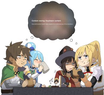 1boy 3girls alcohol aqua_(konosuba) black_choker blonde_hair blue_eyes blue_hair blush breasts brown_hair choker darkness_(konosuba) dress drinking english_text hair_ornament hat highres holding izawa_(bhive003) kono_subarashii_sekai_ni_shukufuku_wo! large_breasts long_hair long_sleeves megumin multiple_girls red_dress red_eyes satou_kazuma shared_thought_bubble shirt short_hair speech_bubble thought_bubble unhappy witch_hat
