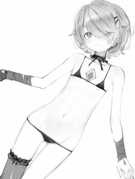 1girl absurdres bikini black_bikini breasts choker hair_ornament hair_over_one_eye hairclip highres hololive hololive_english koseki_bijou looking_at_viewer lowleg lowleg_bikini micro_bikini monochrome nanashi_(nlo) navel pout simple_background single_thighhigh small_breasts solo stomach string_bikini swimsuit thighhighs virtual_youtuber white_background wristband