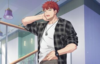 18trip 1boy abs arm_behind_head black_jacket chandelier clothes_lift green_eyes grey_pants hair_down highres indoors iwabuchi_daniel_hiroshi jacket jewelry looking_at_viewer multicolored_jacket necklace official_art one_eye_closed open_mouth pants red_hair scar scar_on_face scratching_head shirt silver_necklace sleeves_rolled_up two-tone_jacket watch white_jacket white_shirt wristwatch yawning