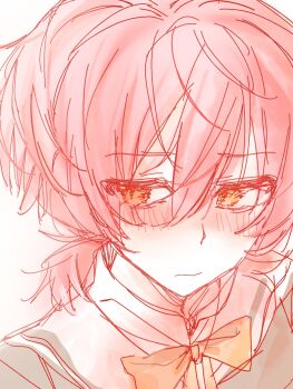 1girl averting_eyes bow bowtie collared_shirt commentary_request embarrassed hair_between_eyes highres koito_yuu monochrome pink_theme ponytail shirt short_hair short_ponytail simple_background solo user_vsah5334 white_background yagate_kimi_ni_naru