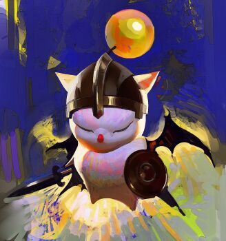 abstract_background animal_ears bat_wings closed_eyes commentary cosplay english_commentary faux_traditional_media final_fantasy final_fantasy_xiv helmet highres holding holding_weapon moogle moon no_humans shield solo sword warrior weapon wings yuming_li