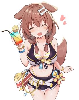 1girl :d animal_ears belt bikini bikini_skirt blush bone_hair_ornament braid breasts brown_hair chain closed_eyes cocktail commentary_request cowboy_shot cup dog_ears dog_girl dog_tail drinking_straw fangs food fruit gold_chain hair_ornament heart highleg highleg_swimsuit highres holding holding_cup hololive hololive_summer_2023_swimsuit inugami_korone large_breasts lemon lemon_slice long_hair minazuki_mizu navel official_alternate_costume open_mouth simple_background smile solo swimsuit tail twin_braids virtual_youtuber white_background white_belt