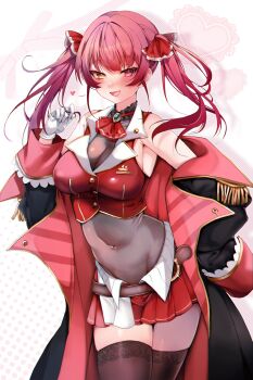 1girl bare_shoulders belt_buckle black_coat blush bow bowtie breasts brooch brown_thighhighs buckle coat commentary covered_navel cowboy_shot cropped_jacket ecchibeef english_commentary epaulettes fang gloves hair_ribbon heart heterochromia highres hololive houshou_marine houshou_marine_(1st_costume) jacket jewelry lace lace-trimmed_thighhighs lace_trim large_breasts miniskirt off_shoulder open_mouth polka_dot polka_dot_background red_hair red_jacket red_skirt ribbon skin_fang skirt sleeveless sleeveless_jacket solo thighhighs twintails virtual_youtuber white_gloves