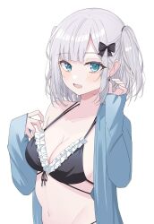 Rule 34 | 1girl, aqua eyes, bikini, black bikini, black bow, blue shirt, blush, bow, breasts, cleavage, commentary request, dreamoon, frilled bikini, frills, grey hair, hair bow, highres, kaga sumire, long sleeves, looking at viewer, medium breasts, navel, open clothes, open mouth, open shirt, shirt, short hair, simple background, swimsuit, two side up, upper body, virtual youtuber, vspo!, white background