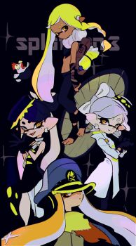 4girls :d agent_3_(splatoon) agent_3_(splatoon_3) asymmetrical_hair backpack bag black_background black_dress black_gloves black_hair blonde_hair blue_hat bottle bow-shaped_hair braid brown_bag callie_(alterna)_(splatoon) callie_(splatoon) captain_3_(splatoon) coat copyright_name cousins cross-shaped_pupils dark-skinned_female dark_skin dress earpiece earrings eyebrow_cut food food_on_head gloves grey_hair hat headgear holding holding_umbrella imaikuy0 inkling inkling_girl inkling_player_character jewelry long_hair marie_(alterna)_(splatoon) marie_(splatoon) mole mole_under_eye multiple_girls neck_ring nintendo object_on_head oil-paper_umbrella open_mouth orange_eyes orange_hair pantyhose patchwork_clothes peaked_cap pointy_ears salmonid short_dress short_hair smallfry_(splatoon) smile splatoon_(series) splatoon_3 strapless strapless_dress symbol-shaped_pupils tentacle_hair umbrella umbrella_over_shoulder very_long_hair water_bottle white_coat white_pantyhose yellow_eyes
