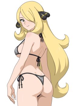 1girl alternate_costume ass bikini blonde_hair breasts closed_mouth commentary cynthia_(pokemon) expressionless eyelashes from_behind grey_bikini grey_eyes hair_ornament hair_over_one_eye highres large_breasts long_hair looking_at_viewer looking_back mnkr98 nintendo pokemon pokemon_diamond/pearl/platinum shoulder_blades sideboob simple_background solo split_mouth swimsuit thong_bikini white_background
