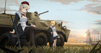 2girls absurdres apron armored_personnel_carrier armored_vehicle black_pantyhose blonde_hair blue_eyes breasts character_request cloud cloudy_sky frilled_apron frills girls&#039;_frontline grass highres house long_hair looking_at_viewer lord-erica military_vehicle monument motor_vehicle multiple_girls outdoors pantyhose purple_eyes school_uniform short_hair sky small_breasts soviet_school_uniform tank vladimir_lenin vsk-94_(girls&#039;_frontline) weapon_request