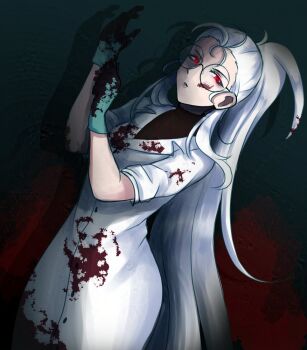 1girl alternate_costume alternate_hairstyle black_sweater blood blood_splatter chanpotei commentary english_commentary gloves highres lab_coat red_eyes round_eyewear sukone_tei sweater turtleneck turtleneck_sweater utau white_gloves