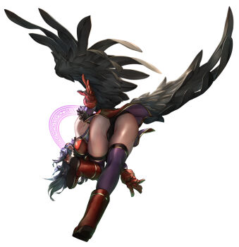 1girl absurdres bent_over black_panties black_wings boots dynamic_pose feathered_wings felmina full_body gloves highres long_hair magic_circle panties purple_hair purple_thighhighs red_boots red_gloves red_skirt shinrabanshou simple_background skirt teppu_tora thighhighs underwear white_background wings