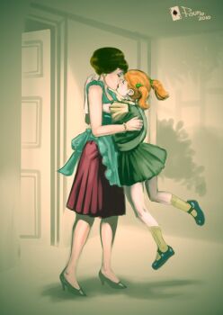 10s 1950s_(fashion) 2010 2girls age_difference apron bad_tag black_hair black_high_heels bracelet couple dated door earrings eyeshadow fauno_artifex female freckles full_body girl_scout green_apron green_skirt green_theme hair_bobbles hair_ornament high_heels hug jewelry kiss lifting_person loli long_hair makeup mary_janes mature_female medium_skirt miniskirt multiple_girls onee-loli orange_hair original outdoors pleated_skirt preteen red_skirt romantic_kiss school_uniform shoes short_twintails signature skirt socks twintails yuri