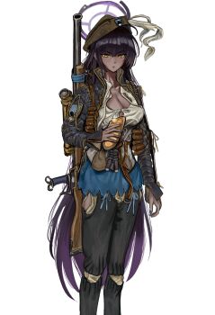 1girl alternate_costume bandolier belt black_hair blonde_hair blue_archive blue_halo blue_nails blue_ribbon boots bread breasts chaps cleavage dark-skinned_female dark_skin food gradient_hair gun hair_over_one_eye hair_ribbon halo hat_feather highres holding holding_food karin_(blue_archive) kkghost_tv large_breasts long_hair looking_at_viewer multicolored_hair musket nail_polish purple_hair purple_halo ribbon rifle simple_background smile sniper_rifle solo unit_patch very_long_hair weapon white_background yellow_eyes
