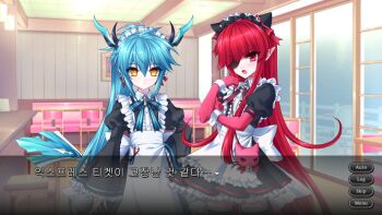 2boys alternate_costume androgynous animal_bag animal_ears apron back_ribbon bag bell blue_hair blush cat_bag colored_skin denif_(elsword) dialogue_box dragon_boy dragon_horns dragon_tail dress elsword eyepatch fake_animal_ears fake_screenshot frilled_sleeves frills horns indoors long_hair long_sleeves looking_at_viewer maid maid_apron maid_headdress multiple_boys pink_eyes pointy_ears ponytail puffy_sleeves red_hair ribbon rosso_(elsword) short_sleeves shoulder_bag slit_pupils tail translation_request user_interface very_long_hair visual_novel xaruri88 yellow_eyes