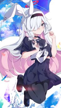 Rule 34 | 1girl, absurdres, black choker, black eyes, black hairband, black pantyhose, black sailor collar, black serafuku, black shirt, black shoes, black skirt, blue archive, blue umbrella, blush, braid, choker, closed mouth, clover dot (clov erd), colored inner hair, commentary, full body, hair over one eye, hairband, halo, hands up, highres, holding, holding umbrella, long hair, looking at viewer, multicolored hair, neckerchief, pantyhose, plana (blue archive), pleated skirt, red halo, sailor collar, school uniform, serafuku, shirt, shoes, short sleeves, single braid, skirt, solo, umbrella, water, white hair, white neckerchief