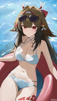 1girl absurdres alternate_costume bikini blush breasts brown_hair cleavage closed_mouth collarbone commentary_request eyewear_on_head hair_intakes highres innertube leg_tattoo long_hair looking_at_viewer mi_rong_abmiron navel red_eyes smile stomach sunglasses swim_ring swimsuit tattoo very_long_hair white_bikini ye_shunguang zenless_zone_zero