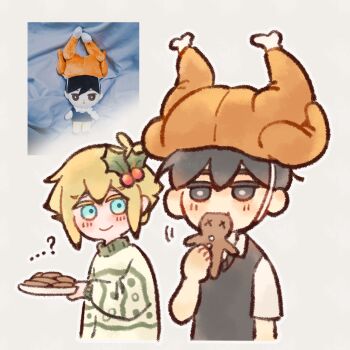 ...? 2boys absurdres alternate_costume antenna_hair basil_(faraway)_(omori) basil_(omori) black_eyes black_hair black_sweater_vest blonde_hair blue_eyes blush bright_pupils character_doll closed_mouth collared_shirt commentary cookie doll double-parted_bangs eating food gingerbread_cookie gingerbread_man green_sweater grey_background hair_between_eyes hair_ornament highres holding holding_cookie holding_food holding_plate male_focus mistletoe mistletoe_hair_ornament multiple_boys omori open_mouth plate reference_inset shirt short_hair short_sleeves sidelocks simple_background smile stuffed_toy sunny_(omori) sweater sweater_vest symbol-only_commentary thatbirdcanfly white_pupils white_shirt