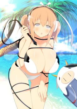 10s 1girl :o animal_print beach bell bikini blush breasts bucket cleavage cow cow_print cow_print_bikini day female_focus grey_eyes hair_ribbon headphones huge_breasts looking_at_viewer marvelous no_pupils official_art open_mouth orange_hair palm_tree print_bikini ribbon senran_kagura senran_kagura_new_wave short_hair short_twintails solo sunlight swimsuit tree twintails ushimaru_(senran_kagura) ushiwakamaru_(senran_kagura) water whip yaegashi_nan