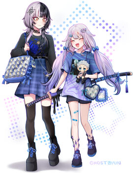 2girls ^_^ alternate_costume bandaid bandaid_on_leg belt black_belt black_boots black_choker black_hair black_shirt black_shoes black_shorts black_thighhighs blue_shirt blue_skirt boots center-flap_bangs character_hair_ornament character_name choker closed_eyes closed_mouth commentary copyright_request devil_may_cry_(series) dimitri_alexandre_blaiddyd double-parted_bangs english_commentary fire_emblem fire_emblem:_three_houses full_body ghosttbyun gradient_hair grey_hair hair_flaps hair_ornament hairclip highres holding holding_stuffed_toy hololive hololive_english itabag katana koseki_bijou lace lace_choker long_hair long_sleeves looking_at_viewer low_twintails multicolored_hair multiple_girls nintendo open_mouth parallel_hairclips pebble_(koseki_bijou) pink_hair plaid_clothes plaid_skirt platform_boots print_shirt purple_eyes purple_hair sheath sheathed shiori_novella shirt shirt_tucked_in shoes short_shorts shorts skirt smile sneakers split-color_hair stuffed_toy sword t-shirt thighhighs twintails vergil_(devil_may_cry) very_long_hair virtual_youtuber weapon yellow_eyes