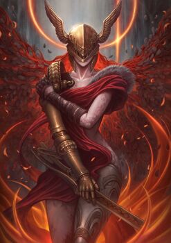 1girl absurdres cape covered_eyes elden_ring fromsoftware fur_trim helmet helmet_over_eyes highres holding holding_own_arm holding_sword holding_weapon malenia_blade_of_miquella malenia_goddess_of_rot mechanical_arms prosthesis prosthetic_arm prosthetic_leg red_cape single_mechanical_arm solo sword tubslab weapon winged_helmet