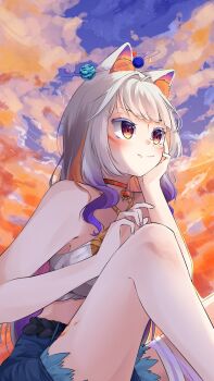 1girl amsu_(vtuber) animal_ear_fluff animal_ears bare_shoulders breasts cat_ears cat_girl choker cloud commentary highres legband looking_to_the_side medium_breasts multicolored_hair nekochi_(nek0chi) orange_eyes planet purple_hair red_choker sitting sky sunset symbol-only_commentary virtual_youtuber white_hair