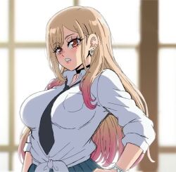 1girl animated areola_slip barbell_piercing bead_bracelet beads blonde_hair bracelet breasts brown_eyes colored_tips ear_ornament ear_piercing earrings eyelashes finger_to_mouth flashing front-tie_top gyaru indoors interior jewelry kitagawa_marin large_breasts lewdamone lips long_hair multicolored_hair necktie nipples no_bra pale_skin piercing shushing smile solo sono_bisque_doll_wa_koi_wo_suru tagme teeth undressing upper_body video