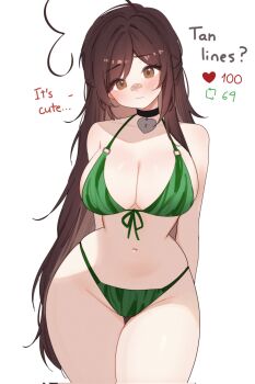 1girl ahoge bandaid bandaid_on_face bandaid_on_nose bikini black_choker breasts brown_hair choker cleavage closed_mouth cowboy_shot food_print fruit_print green_bikini highres indie_virtual_youtuber large_breasts light_blush like_and_retweet long_hair navel simple_background sky_above_me sky_above_me_(vtuber) solo swimsuit very_long_hair virtual_youtuber watermelon_print white_background