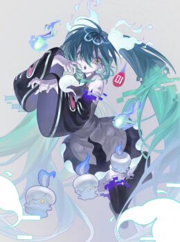 1girl detached_sleeves ghost_miku_(project_voltage) glitch grey_shirt hair_between_eyes hatsune_miku kikishuiyin111 long_hair necktie nintendo pokemon pokemon_(creature) project_voltage shirt skirt sleeves_past_fingers sleeves_past_wrists twintails very_long_hair vocaloid yellow_eyes