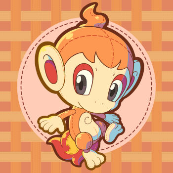 Rule 34 | black eyes, chimchar, closed mouth, commentary, commentary request, english commentary, fiery tail, fire, full body, gen 4 pokemon, mixed-language commentary, nintendo, nostrils, objectification, orange background, pluto.m, pokemon, pokemon (creature), seams, solo, standing, standing on one leg, stuffed toy, tail