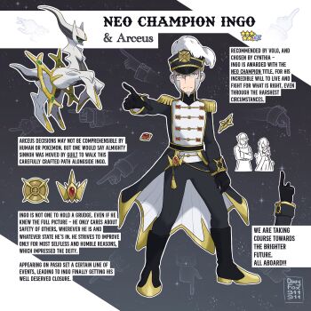 1boy alternate_color alternate_costume arceus battle_subway beard black_coat black_footwear black_gloves boots coat commentary cynthia_(pokemon) dirtyfox911911 emblem english_commentary english_text facial_hair feather_hair_ornament feathers gem gen_4_pokemon gloves goatee gold_trim grey_eyes grey_hair hair_ornament hat highres ingo_(pokemon) jewelry knee_boots legendary_pokemon male_focus marching_band military_uniform mythical_pokemon nintendo pokemon pokemon_(creature) pokemon_dppt pokemon_legends:_arceus pokemon_masters_ex red_gemstone self-upload shako_cap sideburns signature volo_(pokemon)