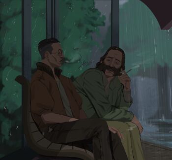 2boys bench black_hair blazer bomber_jacket brown_hair bus_stop buzz_cut cigarette commentary dim_lighting disco_elysium elbow_on_knee english_commentary facial_hair glasses green_jacket hand_on_lap harry_du_bois highres holding holding_cigarette jacket kim_kitsuragi looking_at_another male_focus multiple_boys mutton_chops nurve26 orange_jacket outdoors rain shirt short_hair sitting slouching smoke smoke_trail smoking talking very_short_hair white_shirt