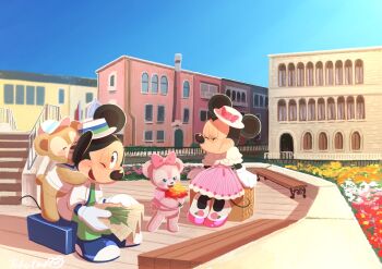 2boys 2girls animal_ears bear_ears bow dress duffy_and_friends duffy_the_disney_bear furry gamorangetana gloves highres mickey_mouse mickey_mouse_&amp;_friends minnie_mouse mouse_boy mouse_ears multiple_boys multiple_girls open_mouth shelliemay shirt smile takatmaorange