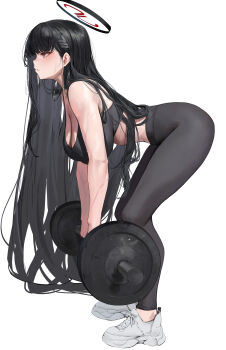 1girl absurdres alternate_costume barbell black_hair black_leggings black_sports_bra blue_archive blush breasts cleavage deadlift dumbbell exercising from_side hair_spread_out halo highres large_breasts leggings leviathan_(hikinito0902) long_hair looking_ahead rio_(blue_archive) sagging_breasts shoes simple_background sneakers solo sports_bra sweat very_long_hair weightlifting white_background