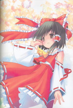 1girl absurdres ascot black_hair blush brown_eyes detached_sleeves female_focus frills hair_ornament hair_ribbon hair_tubes hakurei_reimu highres huge_filesize japanese_clothes long_sleeves miko parted_lips pop ribbon scan shirt short_hair simple_background skirt solo touhou vest wide_sleeves