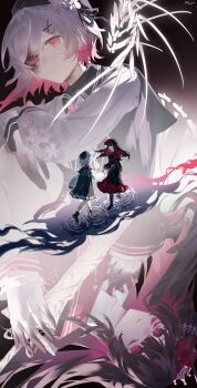Rule 34 | 2girls, absurdres, beret, black hair, black hat, black shirt, chinese commentary, closed mouth, colored extremities, commentary request, expressionless, extra eyes, flower, gradient background, gradient hair, hair flower, hair ornament, hat, highres, holding, holding sword, holding weapon, long hair, long sleeves, looking at viewer, mahou shoujo no majo saiban, muiro transparent, multicolored hair, multiple girls, multiple views, necktie, nikaido hiro, pink eyes, pink hair, red eyes, red flower, red necktie, ripples, rotational symmetry, sakuraba ema, shirt, short hair, skeletal wings, spoilers, sword, weapon, white flower, white hair, wings, witch (manosaba), x hair ornament