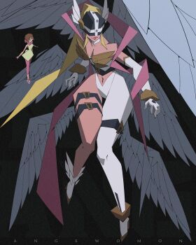 Rule 34 | 2girls, absurdres, angel, angewomon, bare shoulders, black background, blonde hair, blue eyes, bodysuit, breasts, brown hair, character name, cleavage, clothing cutout, commentary, covered eyes, digimon, digimon (creature), digimon adventure, english commentary, feathered wings, full body, helmet, helmet over eyes, highres, large breasts, long hair, multiple girls, multiple wings, o-ring, pantyhose, pink pantyhose, pink ribbon, ribbon, shirt, simple background, stomach cutout, strapless bodysuit, thigh strap, venus bambisa, white bodysuit, white wings, wings, yagami hikari, yellow shirt