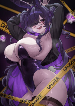 1girl absurdres animal_ears armpits arms_behind_head arms_up bare_shoulders black_jacket black_thighhighs blush breasts caution_tape cleavage commentary cowboy_shot fake_animal_ears fake_tail glass goddess_of_victory:_nikke hair_over_one_eye highres jacket label_(nikke) large_breasts leotard long_hair looking_at_viewer open_clothes open_jacket open_mouth playboy_bunny purple_eyes purple_hair rabbit_ears rabbit_tail small_chair_(xiaosaiyi33818) smile solo standing strapless sweat tail thighhighs thighs twintails