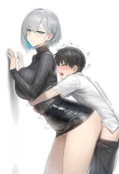 1boy 1girl absurdres age_difference ai-generated ass blush breasts brown_eyes closed_eyes clothed_sex earrings grabbing_from_behind grey_hair groping highres huge_breasts jewelry long_hair open_mouth original piercing rubbing sex short_hair shota size_difference smile