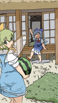 Rule 34 | 2girls, barefoot, blue hair, blue skirt, blue vest, bow, bowtie, cirno, closed eyes, collared shirt, commentary request, cowboy shot, daiyousei, electric fan, fairy wings, food, fruit, full body, green eyes, green hair, hair bow, highres, holding, holding food, holding fruit, holding watermelon, ice, ice wings, kamemaru91, looking at viewer, looking back, multiple girls, open mouth, outdoors, porch, puffy short sleeves, puffy sleeves, red bow, red bowtie, shirt, short hair, short sleeves, skirt, skirt set, tatami, touhou, vest, watermelon, waving, white shirt, wings, yellow bow