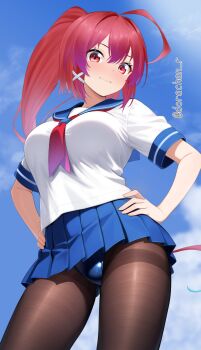 1girl ahoge black_pantyhose blue_one-piece_swimsuit blue_sailor_collar blue_skirt blush breasts commentary_request cowboy_shot dorachan_r hair_ornament hair_ribbon hands_on_own_hips highres i-168_(kancolle) kantai_collection long_hair looking_at_viewer medium_breasts neckerchief old_school_swimsuit one-piece_swimsuit pantyhose pantyhose_under_swimsuit pink_hair pleated_skirt ponytail red_eyes red_neckerchief ribbon sailor_collar school_swimsuit school_uniform serafuku shirt skirt smile solo swimsuit swimsuit_under_clothes twitter_username white_shirt