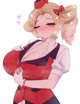 1girl blonde_hair blue_eyes bow breasts cgator cleavage_cutout clothing_cutout densetsu.exe drill_hair gloves hat heart highres huge_breasts large_breasts one_eye_closed paizuri_invitation red_shirt sexually_suggestive shirt side_drill teasing victoria_roman virtual_youtuber white_background white_gloves